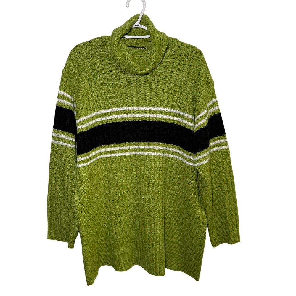 Forenza Green Ribbed Y2K Stripe Turtleneck Sweater Mens XL Striped Long‎ Sleeve